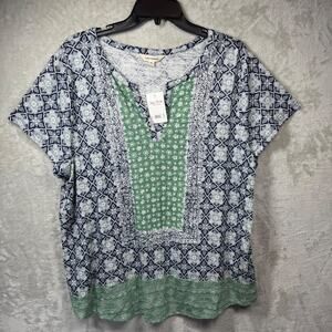 Lucky Brand NEW Women Top Blouse 2X Blue Green V-Neck Pullover Stretch Geometric